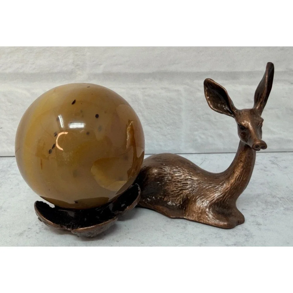 Bronze Deer Sphere Stand Small Crystal Ball Holder Spirit Animal Doe Altar Decor